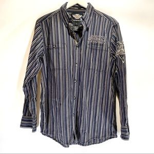Harley Davidson Long Sleeve Button Up Navy Stripped Mens